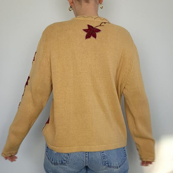 Vintage Leaf Cardigan Sweater Embroidered Cotton XL - Picture 5 of 11